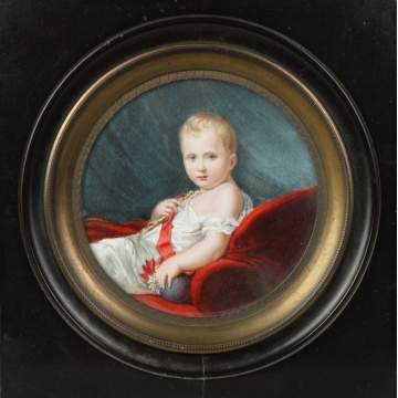Sgn. Miniature on Ivory of Young Child on red sofa