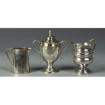 E & Co. Sterling Hand Chased Creamer, W. Gale Jr. Sterling Covered Cup & Mullin Pitcher