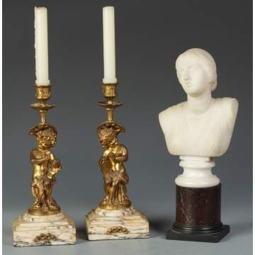 Pair of Putti Candelabras & Classical Alabaster Bust of a lady