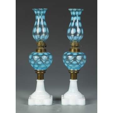 Pair of Blue Coin Spot Oil Lamps