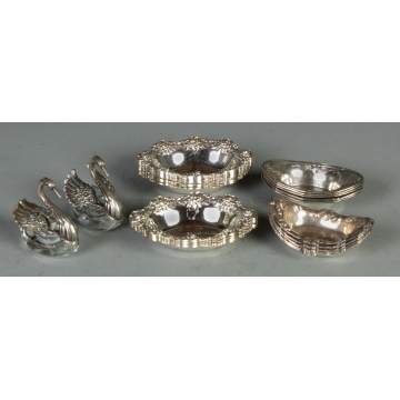 Group of Sterling Nut Dishes & Cut Glass & Sterling Swan Salts