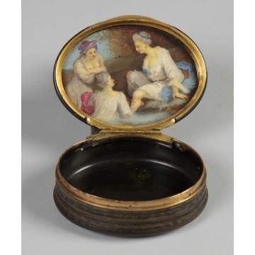 Carved Horn Snuff Box w/Watercolor of young maidens