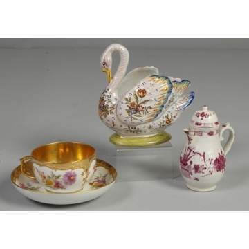 KPM cup & saucer, porcelain cream pot, Delft style pottery swan