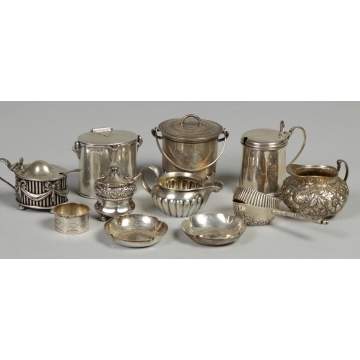 Misc. Sterling & silver mustard pots, strainers, creamers, etc.