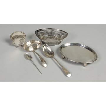 Sterling GS & TH tray, reticulated 800 basket, Hester Bateman tablespoon, mini. Platter display, etc.