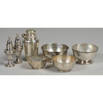 Sterling & silver bowls, cocktail shaker & casters