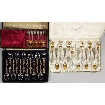 3 Cased sets of spoons: Sterling & enamel; crystal & silver; demitasse