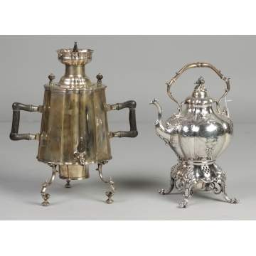 Silver plate kettle on stand & hot water urn