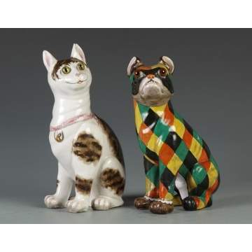 Sgn. E. Galle, Nancy, Faience Cat & Dog, "Harlequin & Columbine"