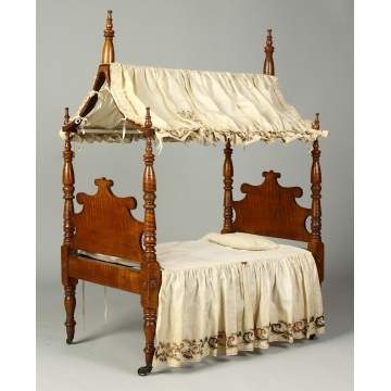 Fine & Rare 19th Cent. Tiger Maple Country Sheraton Child's Canopy Bed