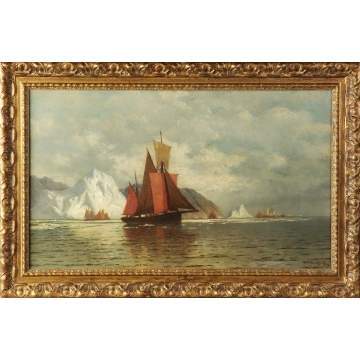 William Bradford (American, 1823-1892) Sailing vessels w/icebergs in distance