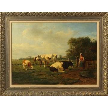 19th cent. Ptg. of milk maid w/cows