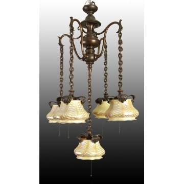 Patinated Brass 5 Light Chandelier w/Quezal Shades