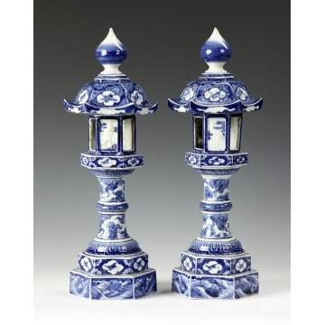 Pair of Japanese Blue & White Arita Porcelain Pagoda Lanterns