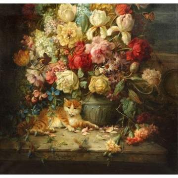 Hans Zatzka (Austrian, 1859-1945) Floral still life with cat