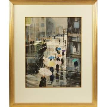 Ralph Avery (American, 1906-1976) Rainy street scene