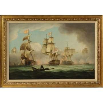 A Pair of Thomas Buttersworth (British, 1768-1842) "English & French Man O' War Ships Engaged in Combat"