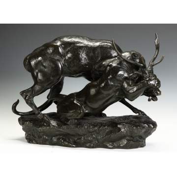 Antoine-Louis Barye (French, 1795-1875) "Panther Seizing a Stag" Bronze