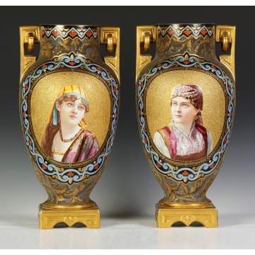 A Large Pair of Coralene & Enameled Portrait Vases