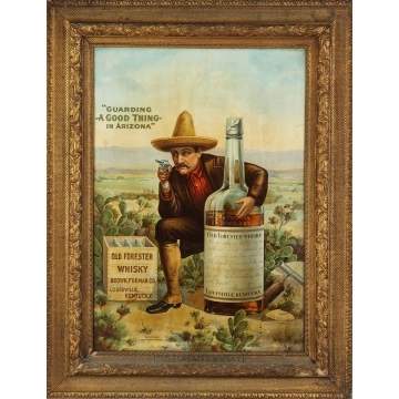 Rare Tin Lithograph Old Forester Whiskey Sign: "Guarding a Good Thing in Arizona"