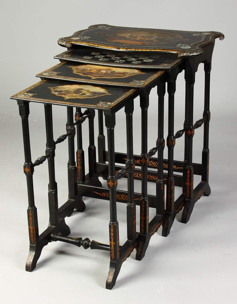 Set Of 4 Victorian Paper Mache Lacquered Wood Nesting Tables