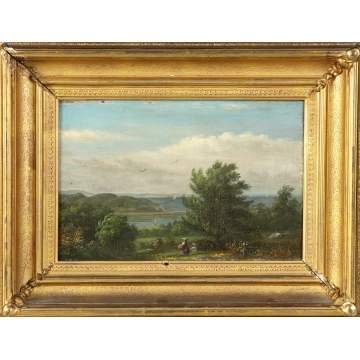 Hudson River School painting of a lake scene 