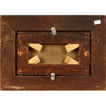 Sgn. ptg. of Lighthouse on rocky coast w/sailing ships in the distance