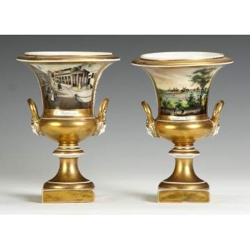Pair of Old Paris Mantle Vases w/Street Scenes
