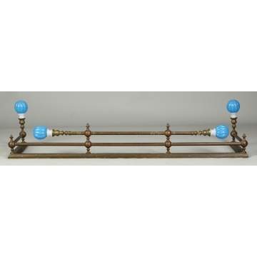 Brass Fireplace Fender w/Blue and Clambroth Sandwich Glass Finials