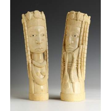 2 African Carved Ivory Heads of a Man & a Woman