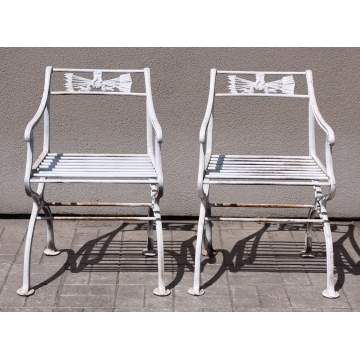 Matching Pair of Cast Iron Benches & 4 Arm Chairs