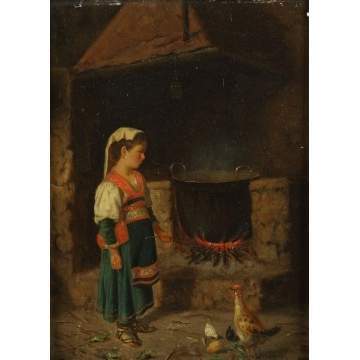 19th cent. Oil/Panel of Young girl in kitchen