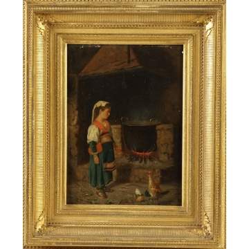 19th cent. Oil/Panel of Young girl in kitchen