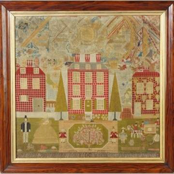 Early 19th Cent. Needlework of a street scene and family