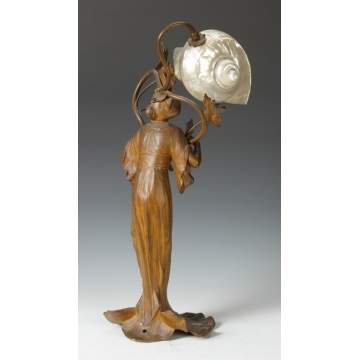 Art Nouveau Patinated Metal Lamp with Nautilus Shell Shade