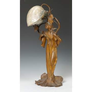 Art Nouveau Patinated Metal Lamp with Nautilus Shell Shade