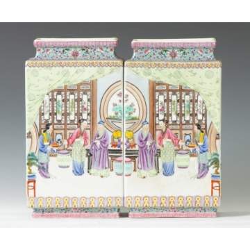 Pair of Chinese Famille Rose Rectangular Form Vases