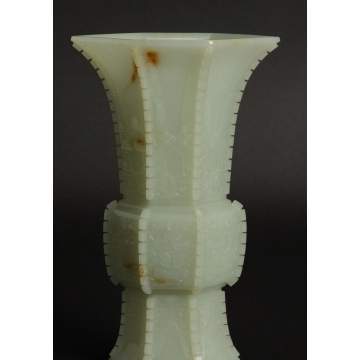 Fine Chinese Celadon Jade Gu Vase in Archaic Form