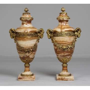 A Pair of Marble & Gilt Bronze Urns