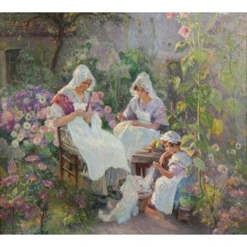 Ed Siebert (American, 1856-1944) Women & child sewing in flower garden