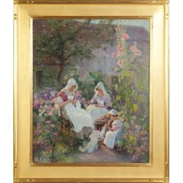 Ed Siebert (American, 1856-1944) Women & child sewing in flower garden