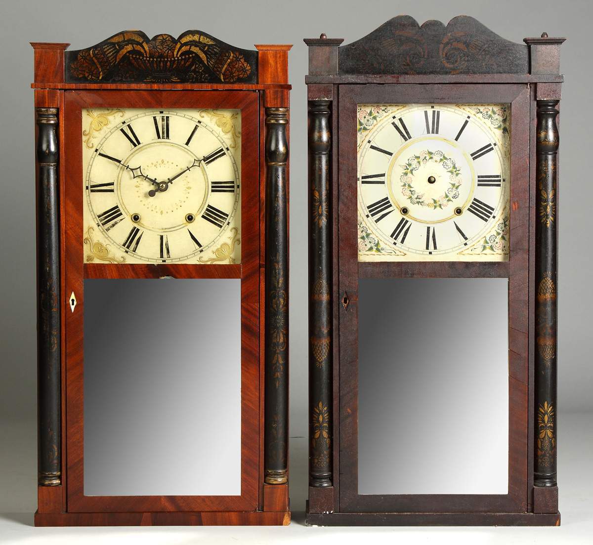 Two Stenciled Column & Splat Shelf Clocks | Cottone Auctions