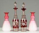 Quilted Satin Vases & Pair Bohemian Decanters