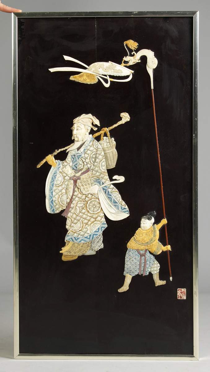 3 Ivory & Mother of Pearl Carvings on Lacquered Panels