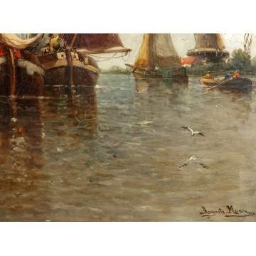 Augusta Musin (Belgium, 1852-1920) Boats in harbor, Holland