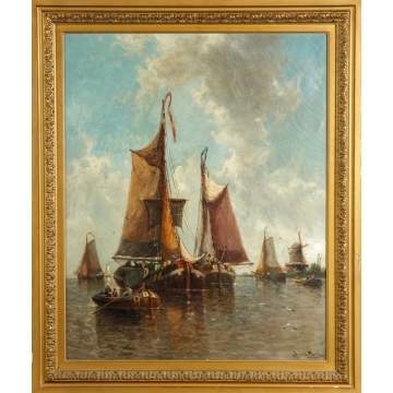 Augusta Musin (Belgium, 1852-1920) Boats in harbor, Holland