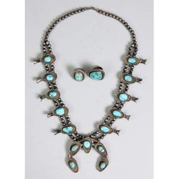 Turquoise & Silver Squash Necklace & Two Rings