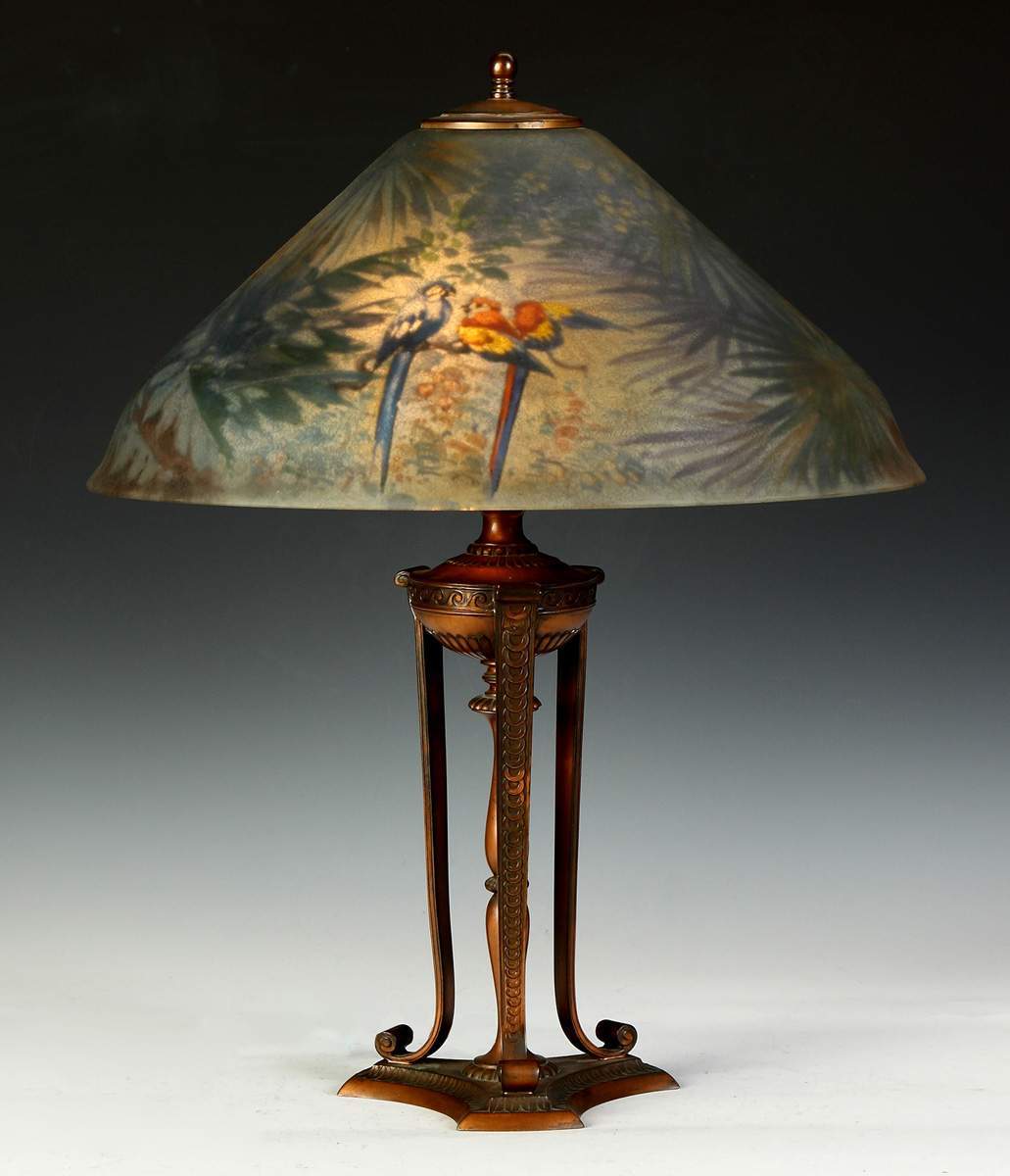 Pairpoint Reverse Painted Lamp w/4 Parrots & Tropical Landscape