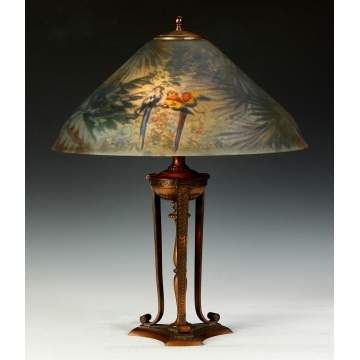 Pairpoint Reverse Painted Lamp w/4 Parrots & Tropical Landscape