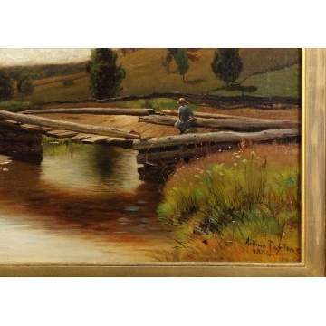 Arthur Parton (American, 1842-1914) Boy fishing on bridge